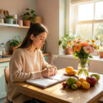 Femme sereine qui prend son café le matin en consultant un carnet de bonnes habitudes pour améliorer sa vie quotidienne.