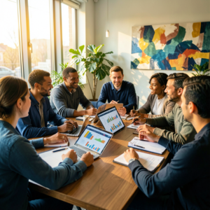 Femme consultant un tableau de bord financier sur son ordinateur pour gérer son budget personnel