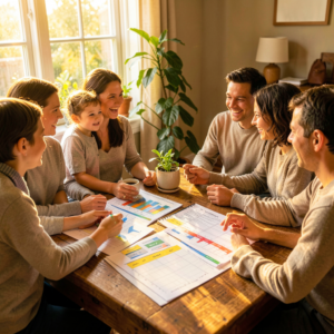 Tableau de budget familial mensuel posé sur une table avec un café et un carnet, vue de dessus