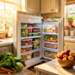 Compartiments d'un congélateur bien organisé avec sachets étiquetés de légumes et plats cuisinés, vue de dessus