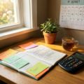 Femme qui organise son budget mensuel avec des enveloppes et une feuille de budget sur une table.