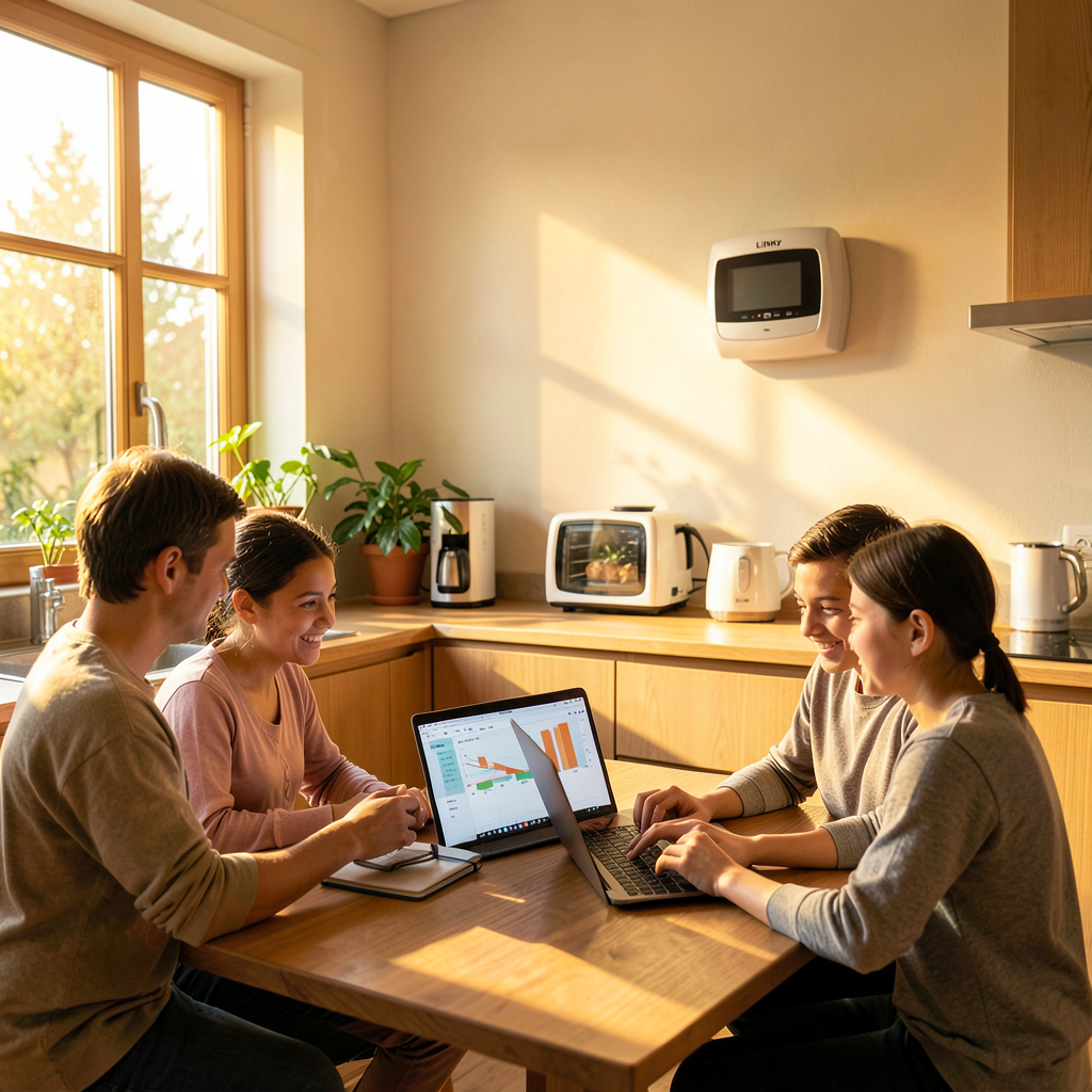 Compteur Linky jaune installé dans un couloir de maison, symbole des économies d'électricité au quotidien