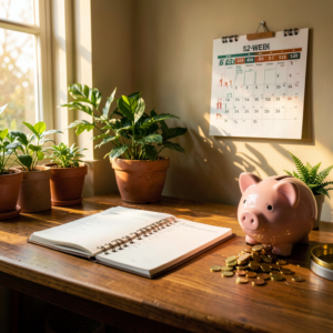 Planificateur défi 52 semaines au design or végétal posé sur un bureau avec un stylo doré