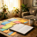Feuille de budget imprimable posée sur une table avec un stylo et une tasse de café pour un défi épargne 500 €