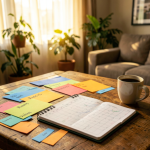 Feuille de budget imprimable posée sur une table avec un stylo et une tasse de café pour un défi épargne 500 €