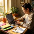 Femme souriante à son bureau calculant ses astuces pour gagner de l'argent facilement depuis chez elle