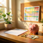 Tableau imprimable pour économiser 1000 euros en 52 semaines posé sur un bureau avec un stylo