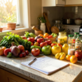 Liste de courses imprimable posée sur un plan de cuisine en bois avec un stylo et des légumes frais