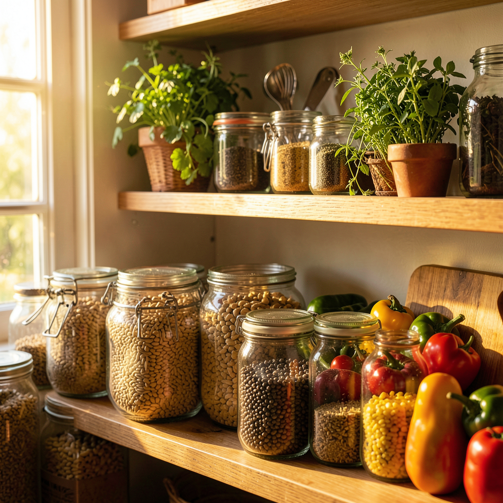 Placard organisé avec féculents et conserves pour cuisiner des repas pas chers au quotidien