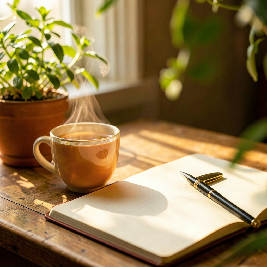 Carnet ouvert avec une liste de petites habitudes bien-être posé sur une table en bois clair, ambiance routine matinale.
