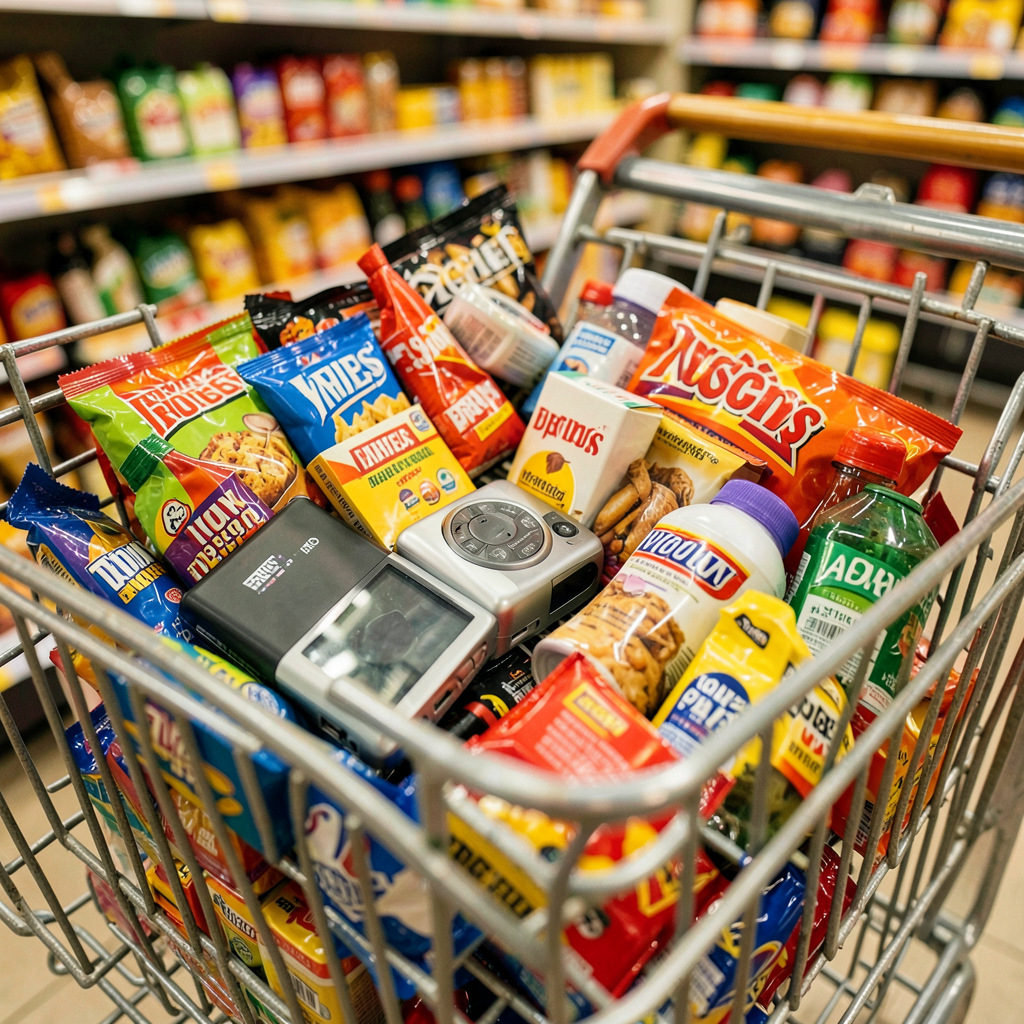 Caddie de supermarché et liste de courses manuscrite, symboles d'une gestion de budget consciente et frugale