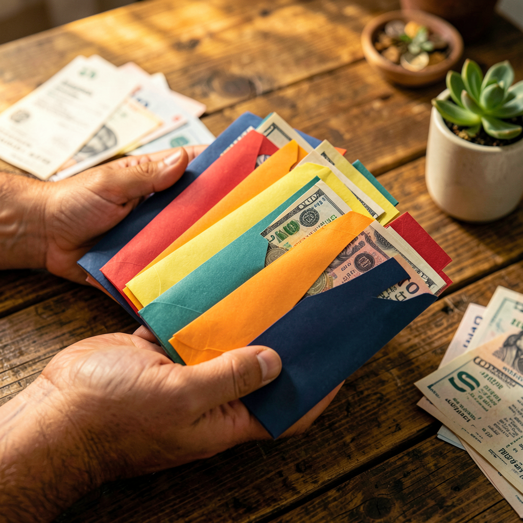 Feuilles de budget imprimables posées sur un bureau avec un stylo et quelques pièces de monnaie.