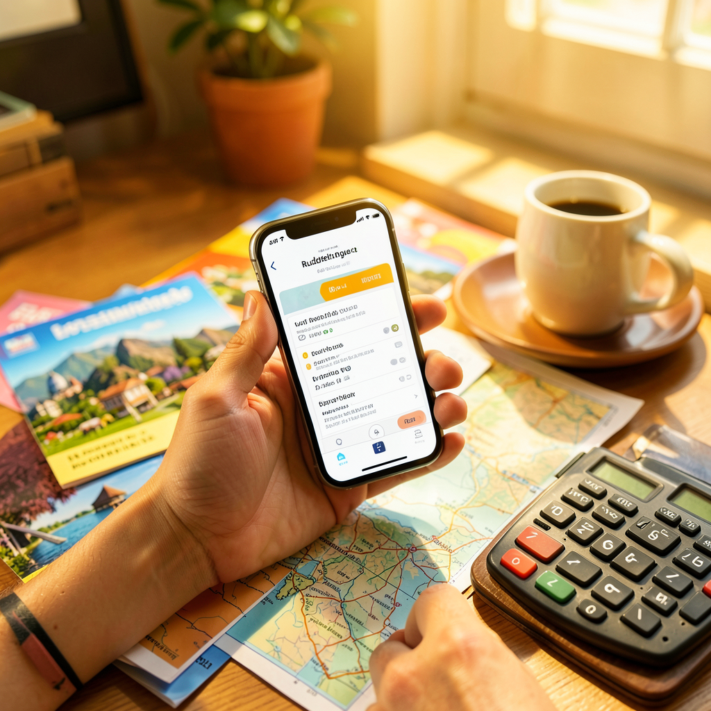 Tableau de suivi budget vacances sur ordinateur portable avec une tasse de café à côté