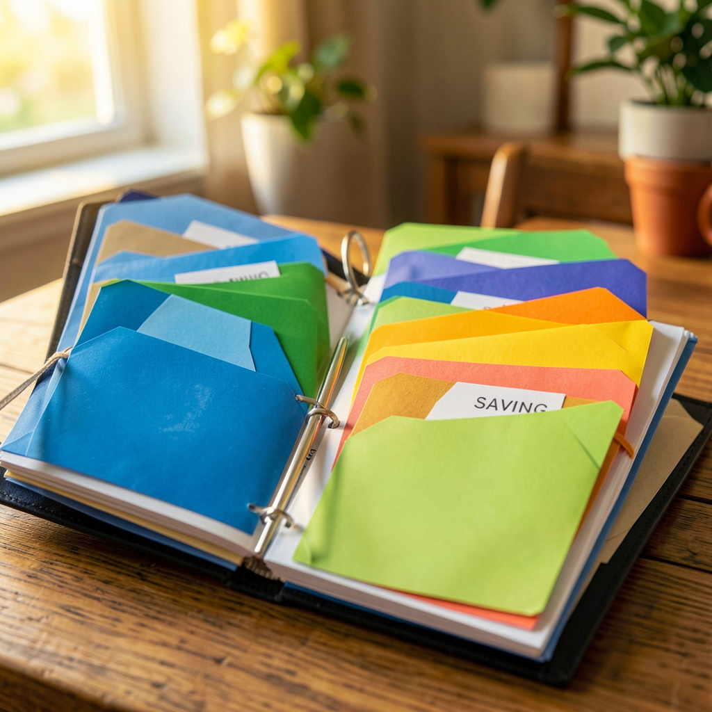 Feuilles de budget imprimables et enveloppes budgétaires posées sur un bureau pour organiser son épargne
