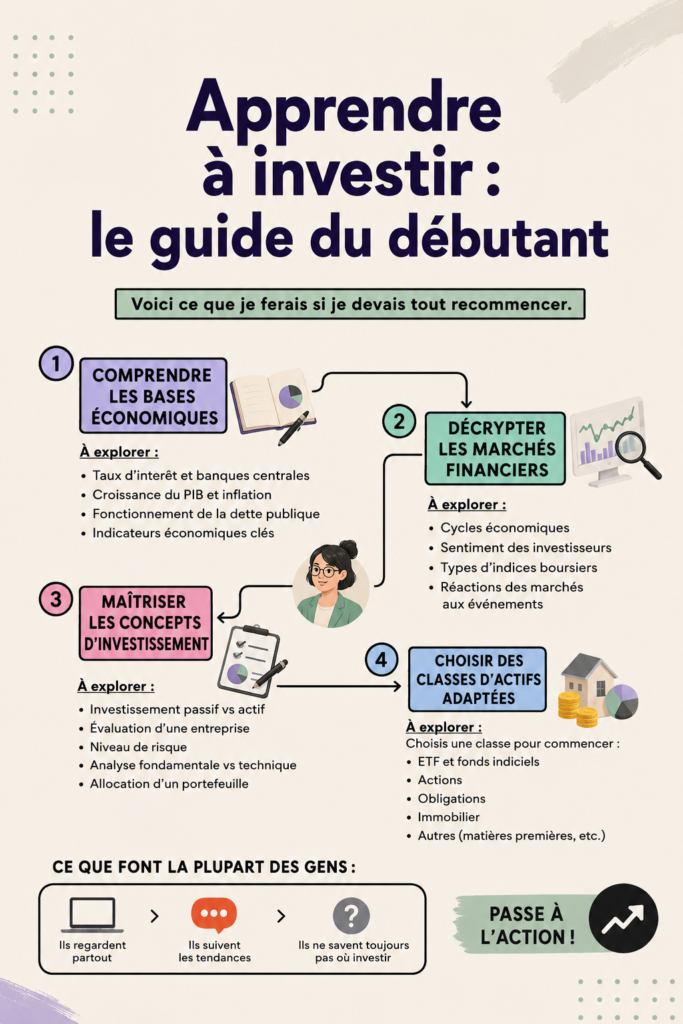 Femme lisant un guide d'investissement et prenant des notes