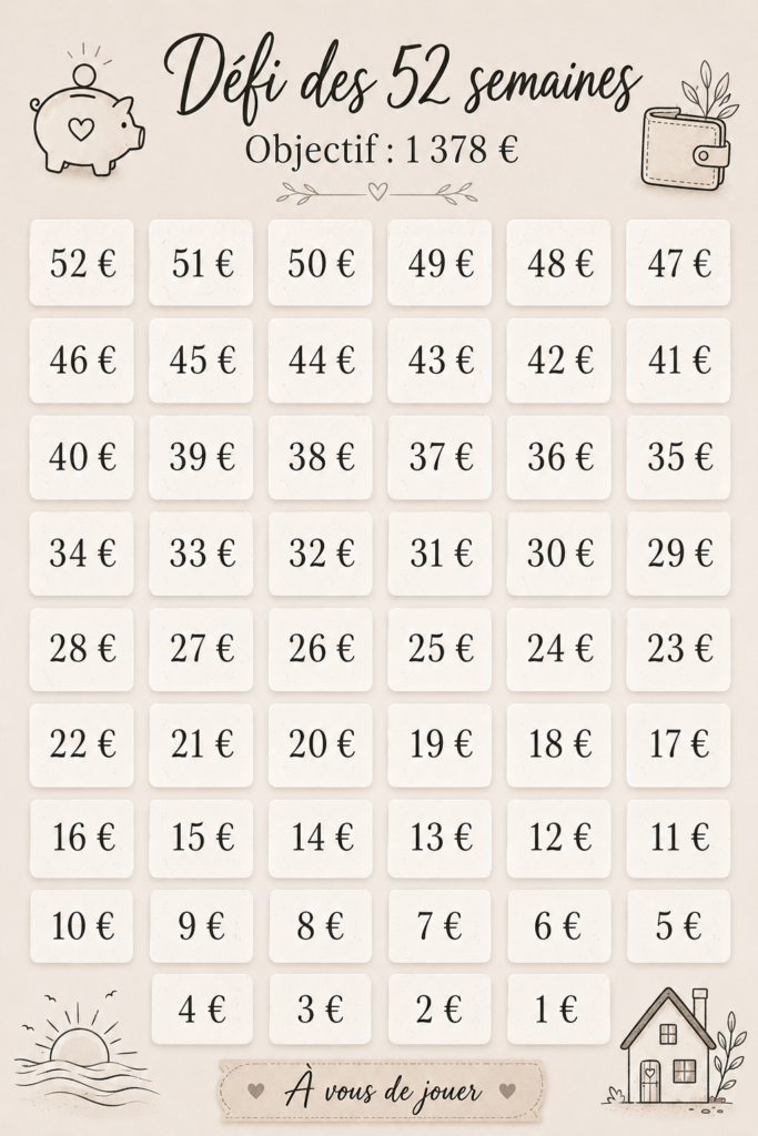 Image représentant un bocal d'épargne avec un calendrier du défi des 52 semaines