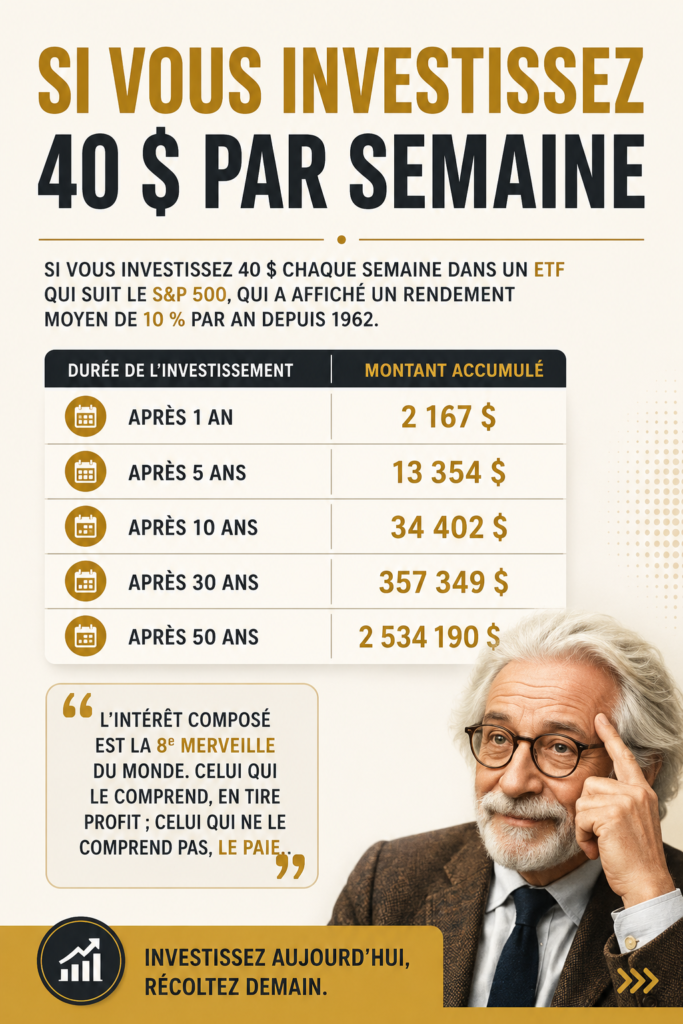 Une femme souriante consultant son application d'investissement avec un smartphone en main, représentant l'idée d'investir 40$ par semaine.