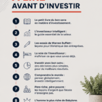 Une sélection de 8 livres sur l'investissement sur une table en bois, avec une tasse de café à côté.