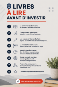 Une sélection de 8 livres sur l'investissement sur une table en bois, avec une tasse de café à côté.