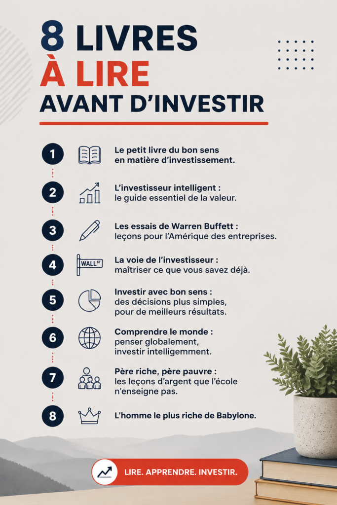 Une sélection de 8 livres sur l'investissement sur une table en bois, avec une tasse de café à côté.