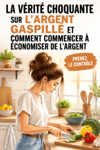 Femme souriante tenant un bocal rempli d'argent, symbolisant des économies réalisées.