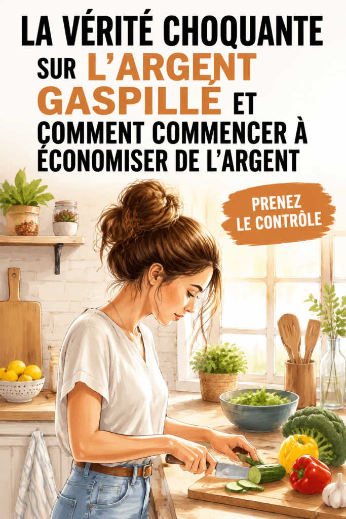 Femme souriante tenant un bocal rempli d'argent, symbolisant des économies réalisées.