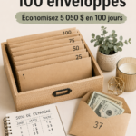 Un tableau de visualisation du défi des 100 enveloppes avec des enveloppes numérotées.