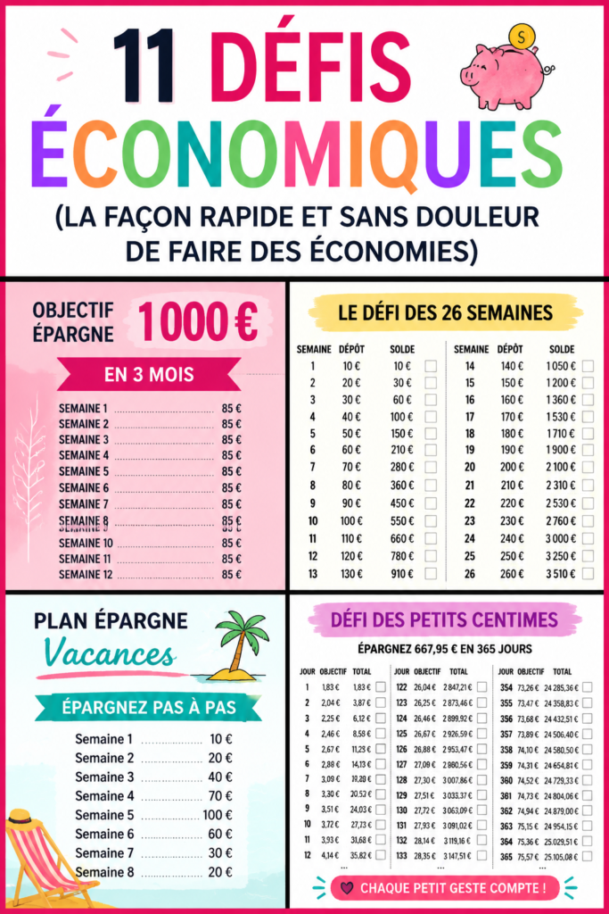 Un tableau coloré présentant divers défis d'épargne
