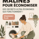 Femme souriante préparant un budget sur son ordinateur avec des astuces d'économie en arrière-plan.
