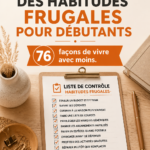 Femme souriante prenant des notes sur ses habitudes d'économies, avec un cahier et un stylo sur une table en bois.