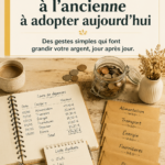 Une femme souriante feuilletant un livre sur les finances personnelles avec des notes sur les anciennes habitudes budgétaires.