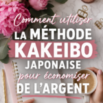 Un carnet Kakeibo ouvert avec des notes et des calculs d'économies.