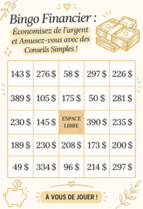 Une femme souriante joue au bingo financier, entourée de conseils d'économies.