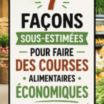 Femme souriante faisant ses courses avec un caddie plein de produits frais.