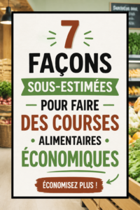 Femme souriante faisant ses courses avec un caddie plein de produits frais.