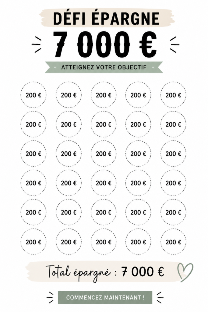 Défi d'épargne de 7000$ avec un calendrier de suivi