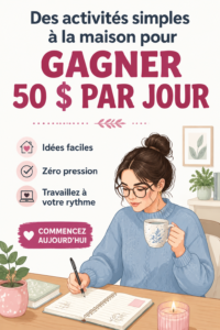 Une femme souriante travaillant sur son ordinateur à la maison pour gagner des revenus supplémentaires, avec des équipements de bureau chaleureux.