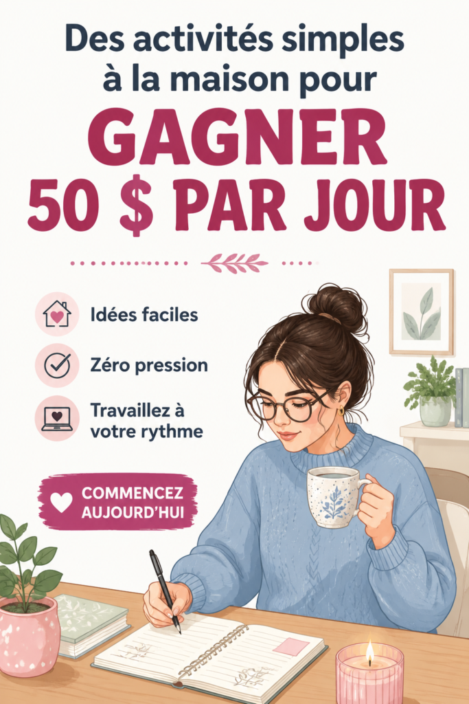 Une femme souriante travaillant sur son ordinateur à la maison pour gagner des revenus supplémentaires, avec des équipements de bureau chaleureux.