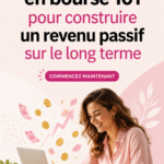Femme réfléchissant à ses investissements avec des graphiques des dividendes en arrière-plan.