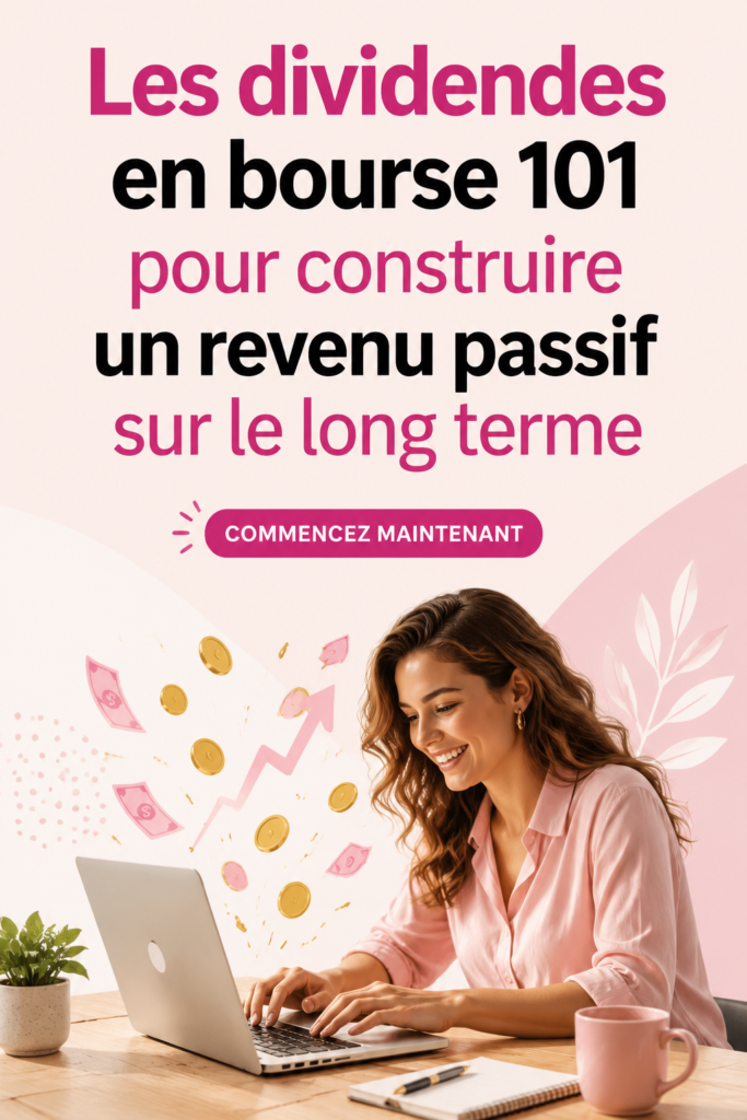 Femme réfléchissant à ses investissements avec des graphiques des dividendes en arrière-plan.