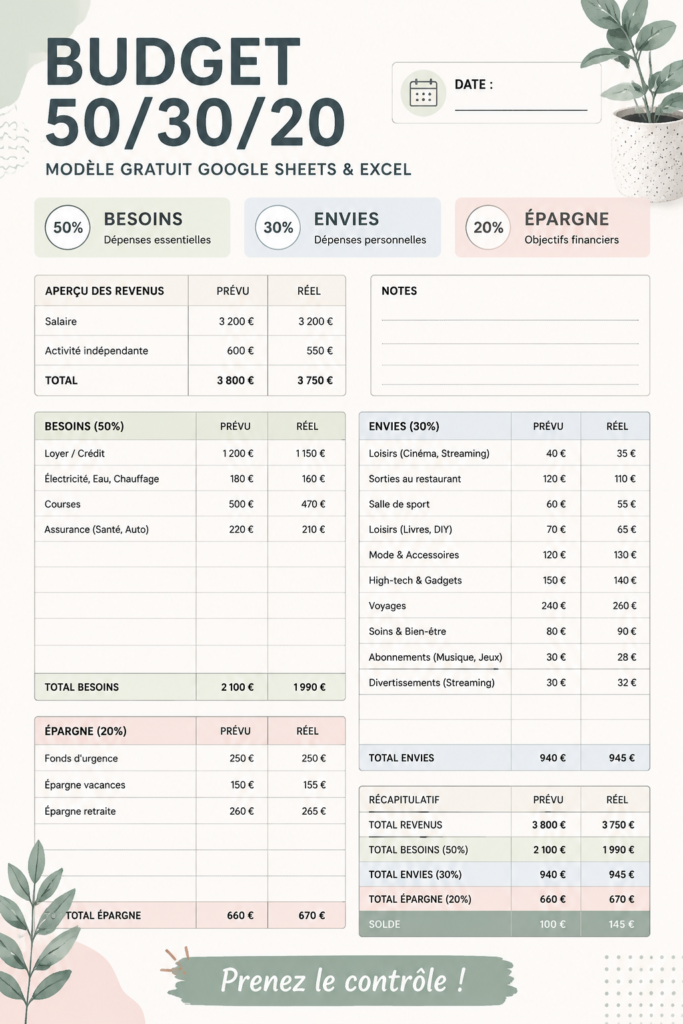 Modèle de budget 50/30/20 illustrant une gestion financière équilibrée.