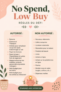 Illustration d'une femme organisant ses finances, illustrant les concepts de No Spend et Low Buy.