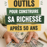 Femme réfléchissant à ses finances après 50 ans avec des outils financiers sur son bureau.