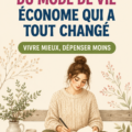 Une femme souriante dans une cuisine simple et épurée, illustrant un mode de vie frugal.
