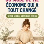 Une femme souriante dans une cuisine simple et épurée, illustrant un mode de vie frugal.