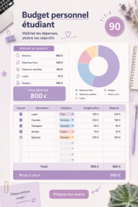 Une étudiante concentrée sur son ordinateur, créant son budget mensuel.