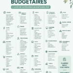 Femme heureuse examinant un tableau de budget avec des catégories.