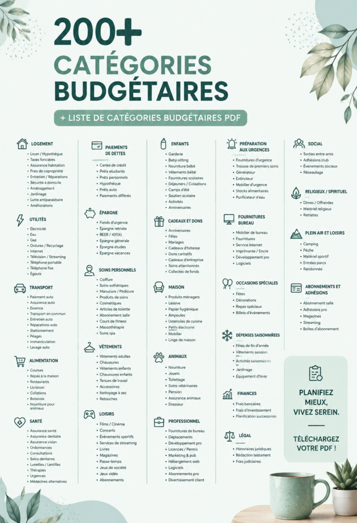 Femme heureuse examinant un tableau de budget avec des catégories.