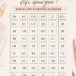 Illustration d'un défi d'économies avec tableau et billets de banque.