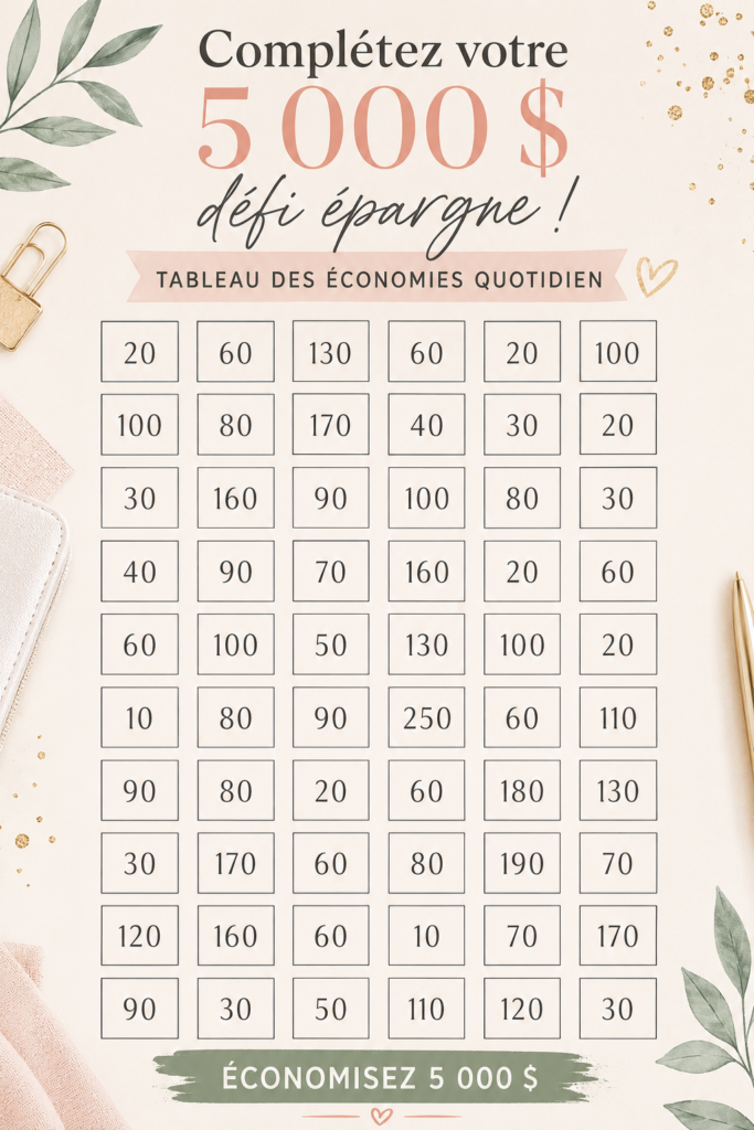 Illustration d'un défi d'économies avec tableau et billets de banque.